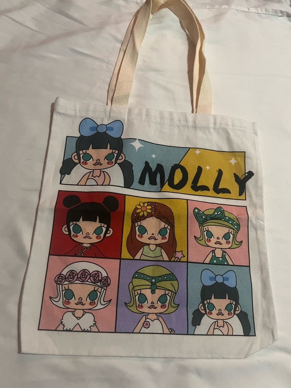 Hello Molly Multicolor Cartoon Panel Canvas Tote Bag
